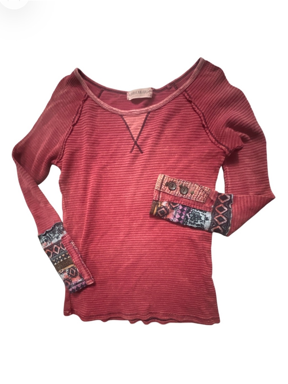 American Able Red Waffle Knit Thermal Top Aztec Cuff